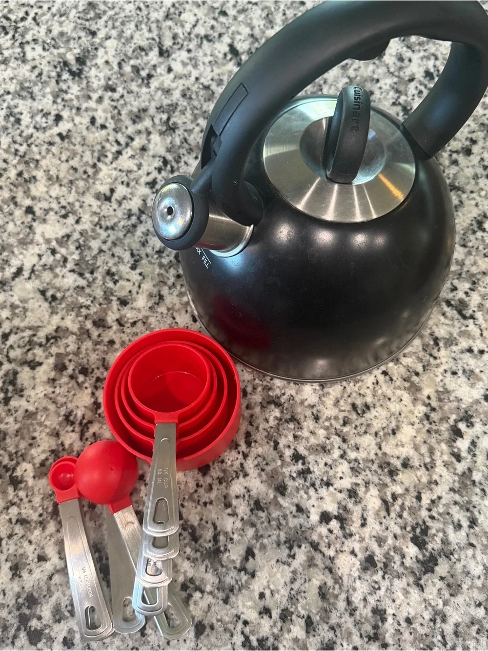 Black Stainless Steel Whistling Tea Kettle + Red Measuring Cups & Spoons Bundle